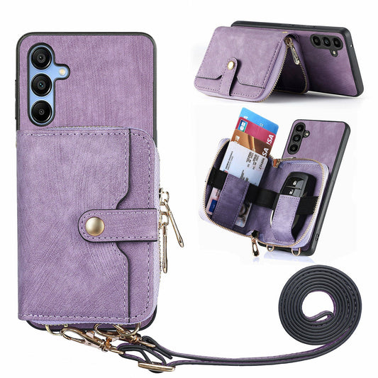 For Samsung Galaxy A16 5G  /  A16 4G Case Zipper Wallet Leather Phone Back Cover Kickstand with Shoulder Strap - Purple