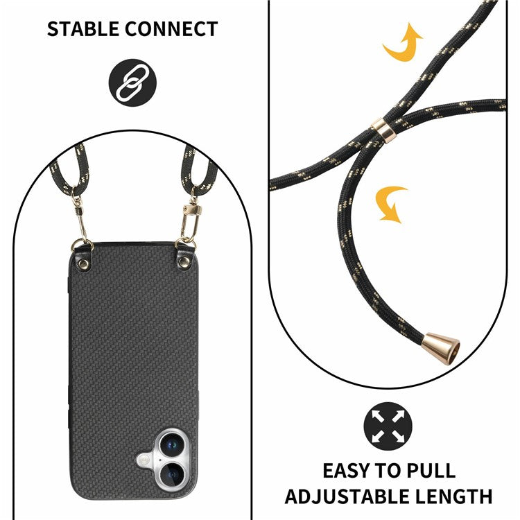 For iPhone 16 Case Carbon Fiber Texture Hybrid Phone Back Cover with Adjustable Strap - Black