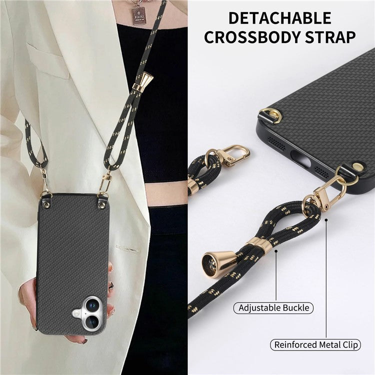 For iPhone 16 Case Carbon Fiber Texture Hybrid Phone Back Cover with Adjustable Strap - Black