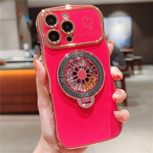 For iPhone 16 Pro Case Electroplating Gyro Design Kickstand Soft TPU Phone Cover - Rose