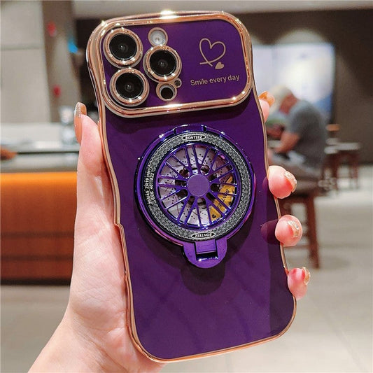 For iPhone 16 Pro Case Electroplating Gyro Design Kickstand Soft TPU Phone Cover - Dark Purple