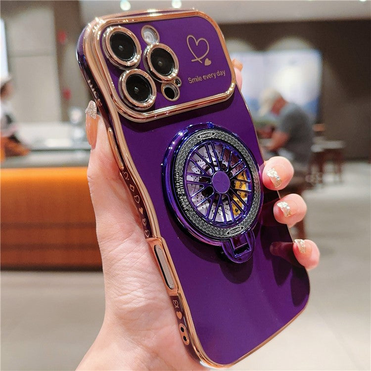 For iPhone 16 Pro Case Electroplating Gyro Design Kickstand Soft TPU Phone Cover - Dark Purple