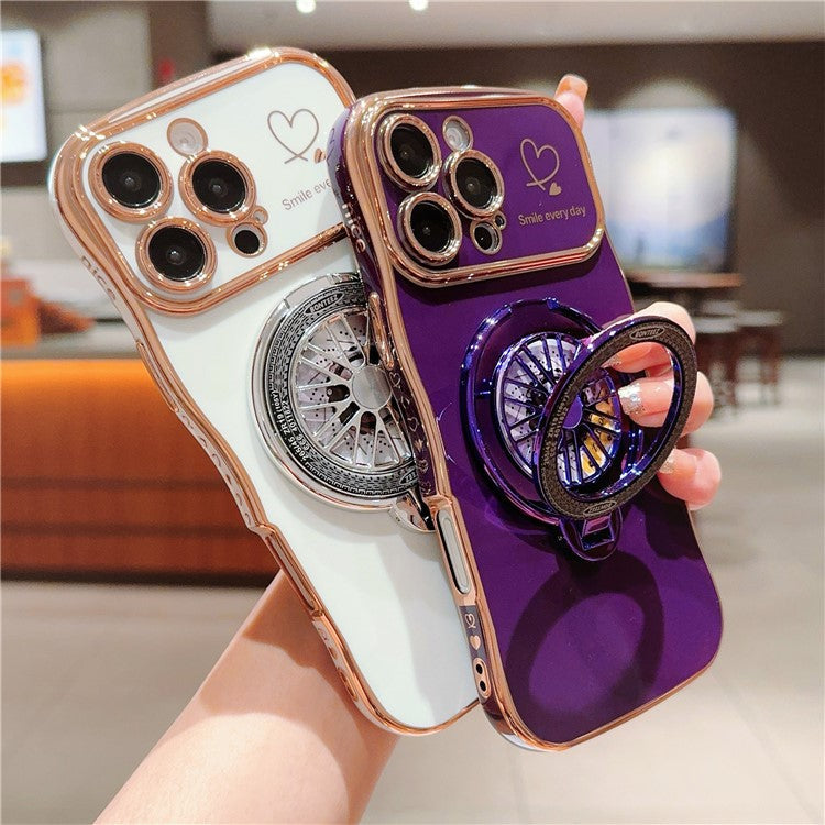 For iPhone 16 Pro Case Electroplating Gyro Design Kickstand Soft TPU Phone Cover - Dark Purple