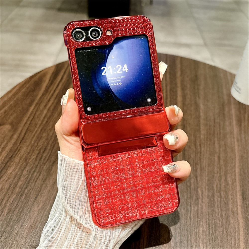 For Samsung Galaxy Z Flip7 FE 5G / Z Flip6 5G Case Plaid Texture Rhinestone Decor Hinge Protection PC Phone Cover - Red