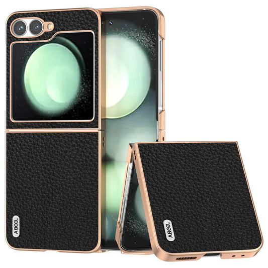 ABEEL For Samsung Galaxy Z Flip7 FE 5G / Z Flip6 5G Case Electroplating Phone Cover Star Series Genuine Cow Leather+TPU Protective Case - Black