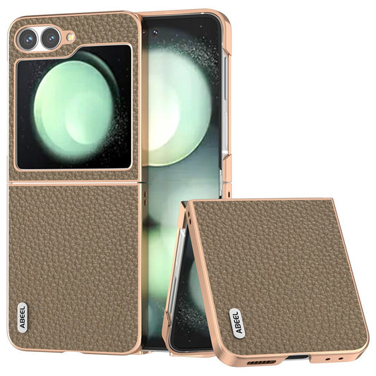 ABEEL For Samsung Galaxy Z Flip7 FE 5G / Z Flip6 5G Case Electroplating Phone Cover Star Series Genuine Cow Leather+TPU Protective Case - Brown