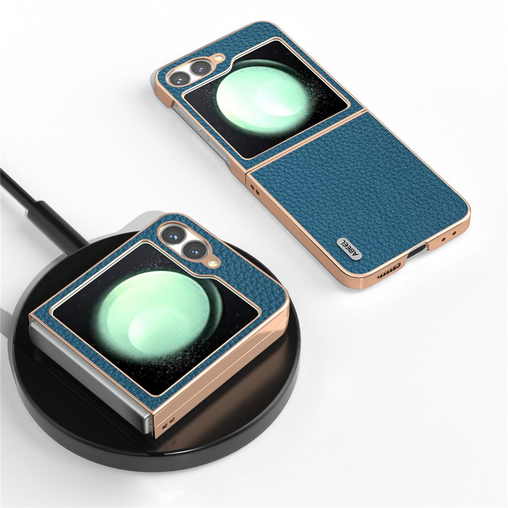 ABEEL For Samsung Galaxy Z Flip7 FE 5G / Z Flip6 5G Case Electroplating Phone Cover Star Series Genuine Cow Leather+TPU Protective Case - Blue