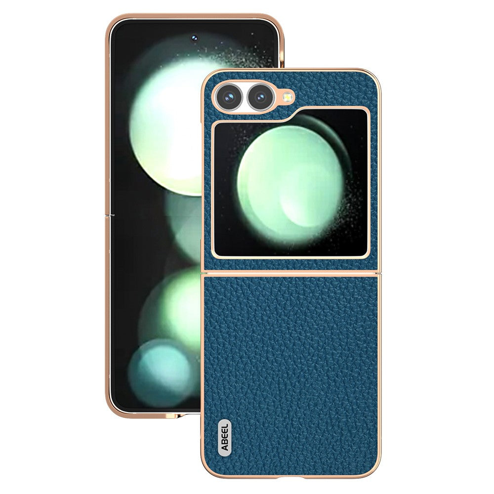 ABEEL For Samsung Galaxy Z Flip7 FE 5G / Z Flip6 5G Case Electroplating Phone Cover Star Series Genuine Cow Leather+TPU Protective Case - Blue