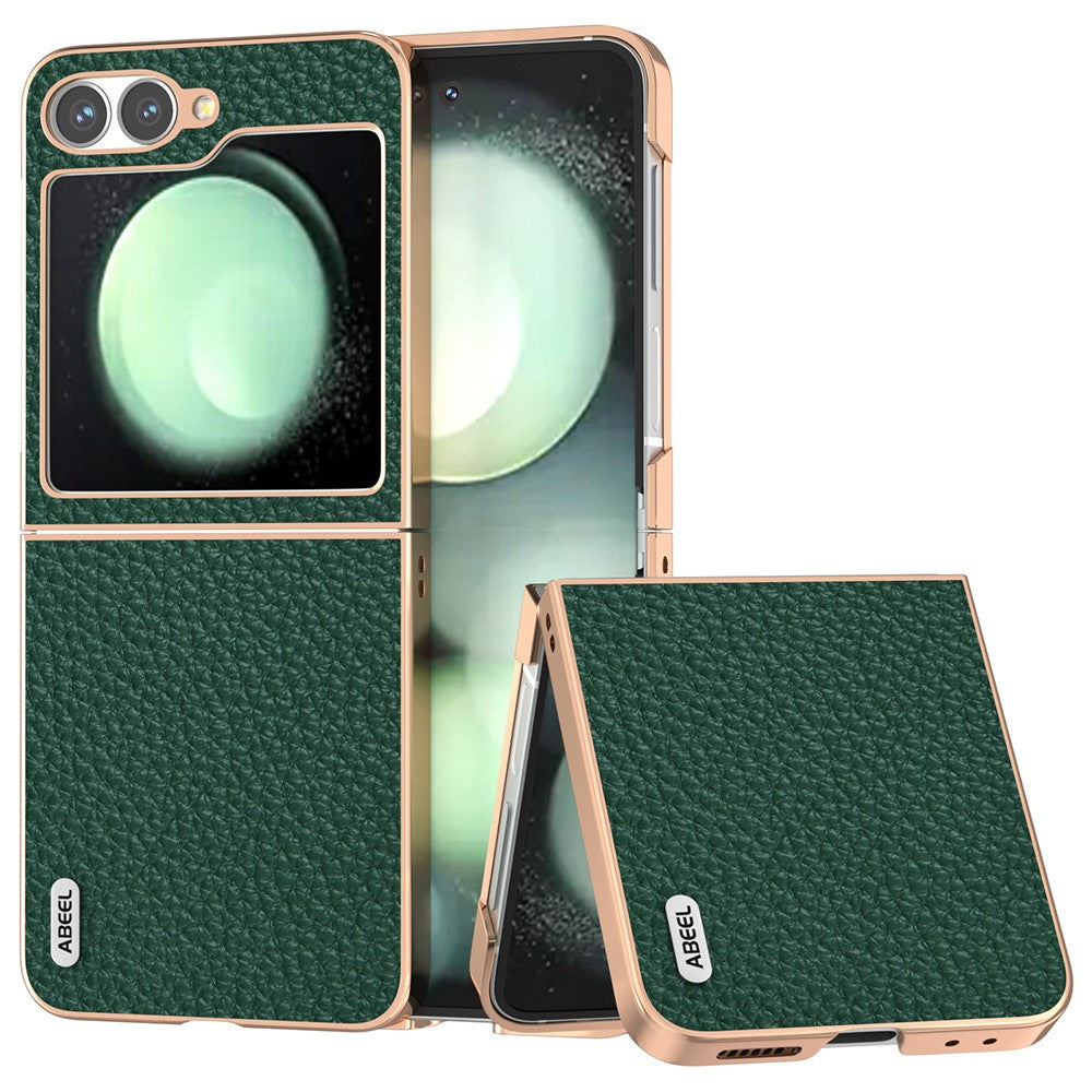 ABEEL For Samsung Galaxy Z Flip7 FE 5G / Z Flip6 5G Case Electroplating Phone Cover Star Series Genuine Cow Leather+TPU Protective Case - Green