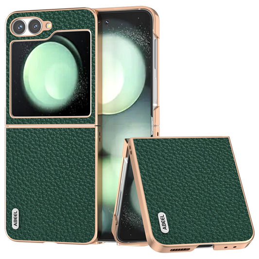 ABEEL For Samsung Galaxy Z Flip7 FE 5G / Z Flip6 5G Case Electroplating Phone Cover Star Series Genuine Cow Leather+TPU Protective Case - Green