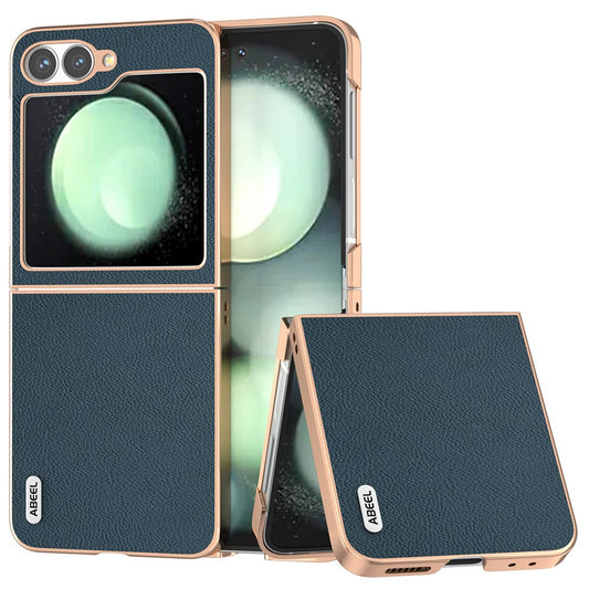 ABEEL For Samsung Galaxy Z Flip7 FE 5G / Z Flip6 5G Case Electroplating Phone Cover Horizon Series Genuine Cow Leather+TPU Protective Case - Green