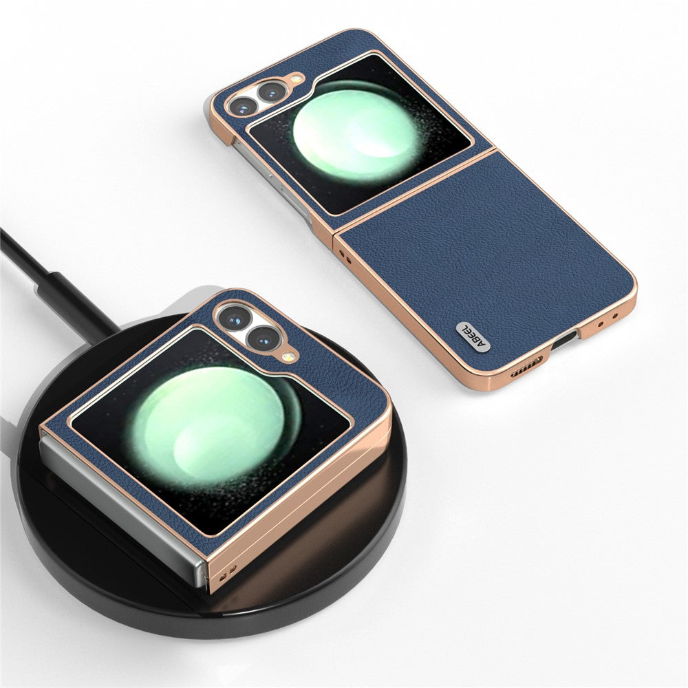 ABEEL For Samsung Galaxy Z Flip7 FE 5G / Z Flip6 5G Case Electroplating Phone Cover Horizon Series Genuine Cow Leather+TPU Protective Case - Blue