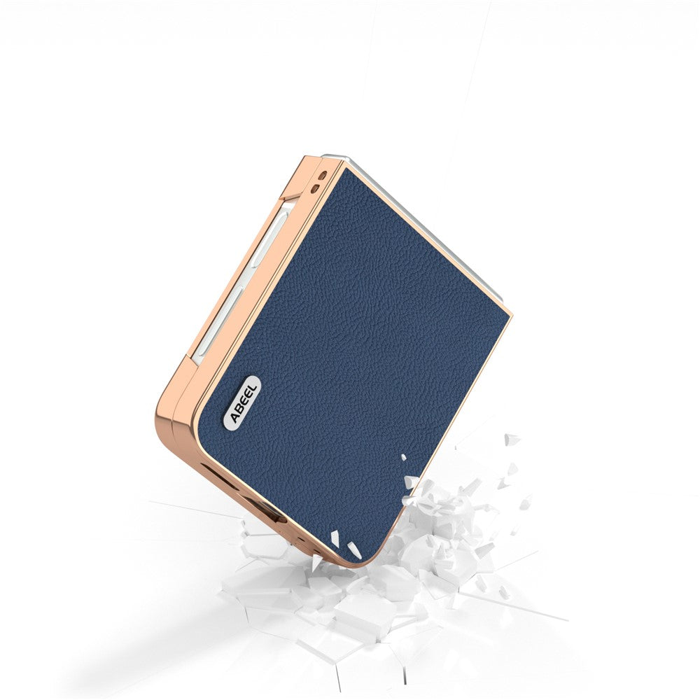 ABEEL For Samsung Galaxy Z Flip7 FE 5G / Z Flip6 5G Case Electroplating Phone Cover Horizon Series Genuine Cow Leather+TPU Protective Case - Blue