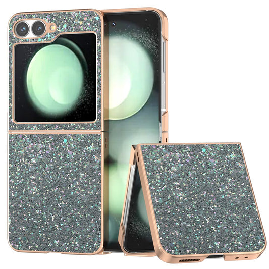 For Samsung Galaxy Z Flip7 FE 5G / Z Flip6 5G Case Electroplating Phone Cover Colored Glitter Design PU+TPU Protective Case - Rock Pine Green