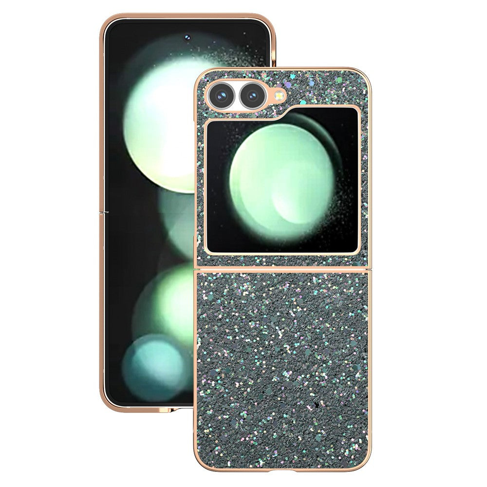 For Samsung Galaxy Z Flip7 FE 5G / Z Flip6 5G Case Electroplating Phone Cover Colored Glitter Design PU+TPU Protective Case - Rock Pine Green