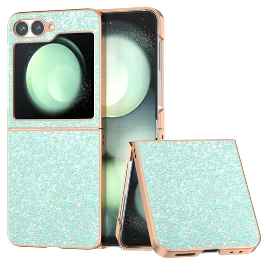 For Samsung Galaxy Z Flip7 FE 5G / Z Flip6 5G Case Electroplating Phone Cover Colored Glitter Design PU+TPU Protective Case - Mint Green