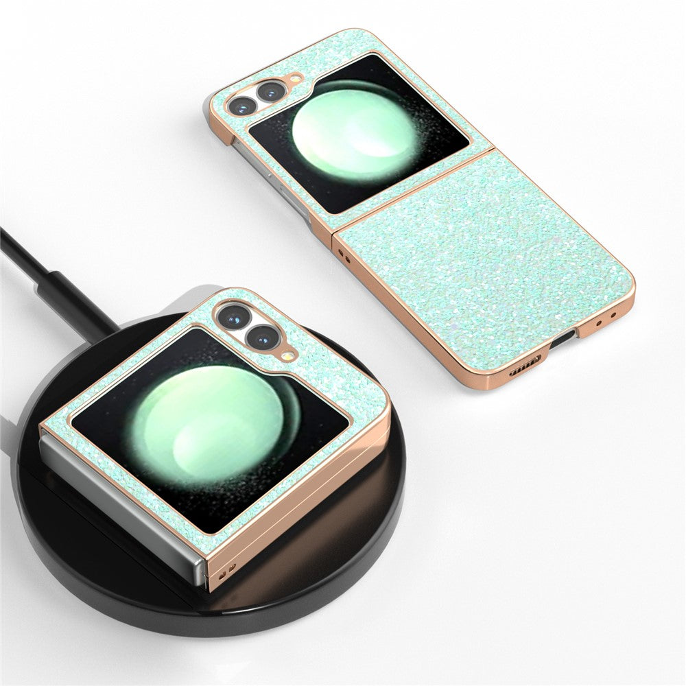 For Samsung Galaxy Z Flip7 FE 5G / Z Flip6 5G Case Electroplating Phone Cover Colored Glitter Design PU+TPU Protective Case - Mint Green