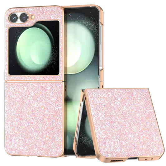 For Samsung Galaxy Z Flip7 FE 5G / Z Flip6 5G Case Electroplating Phone Cover Colored Glitter Design PU+TPU Protective Case - Peach Pink