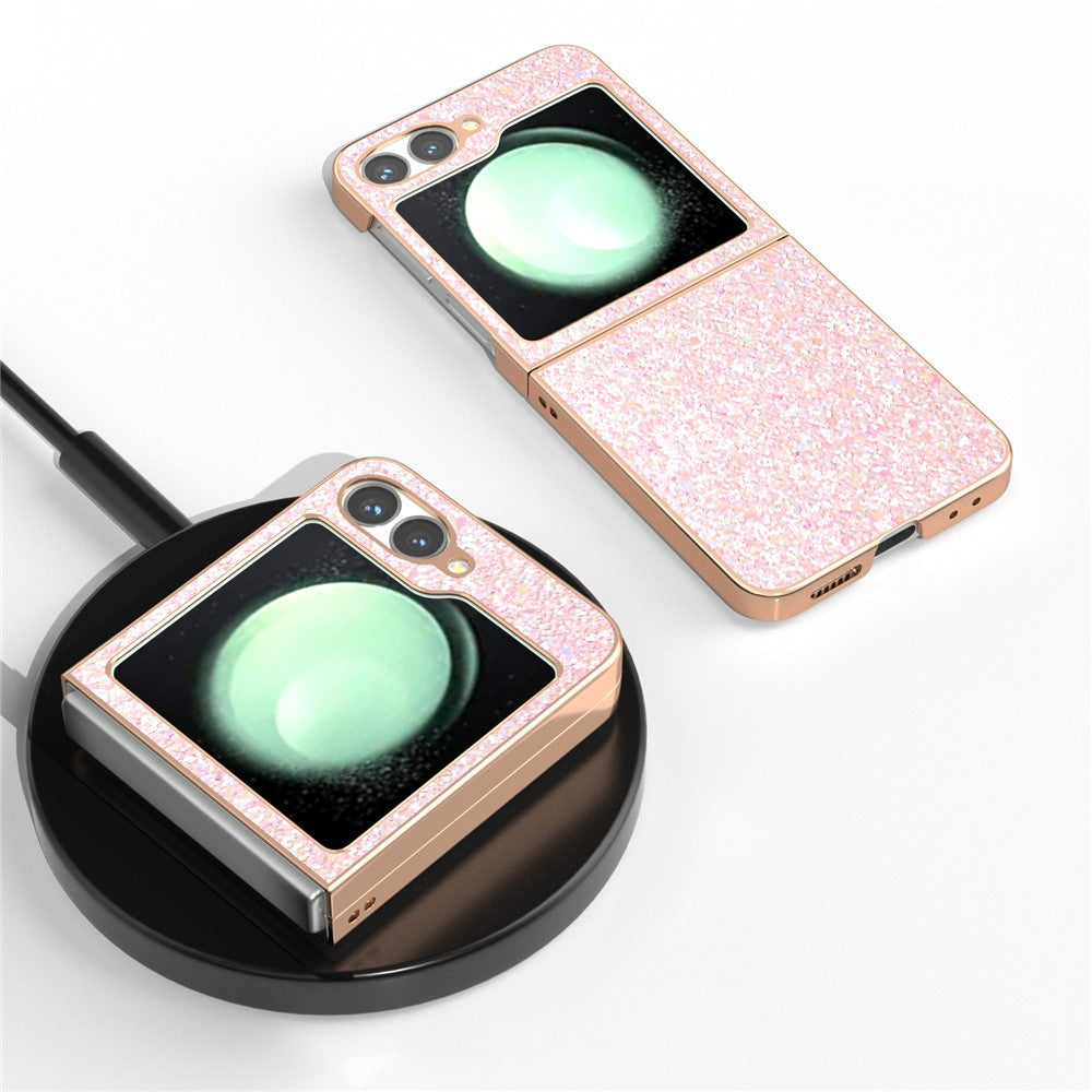 For Samsung Galaxy Z Flip7 FE 5G / Z Flip6 5G Case Electroplating Phone Cover Colored Glitter Design PU+TPU Protective Case - Peach Pink