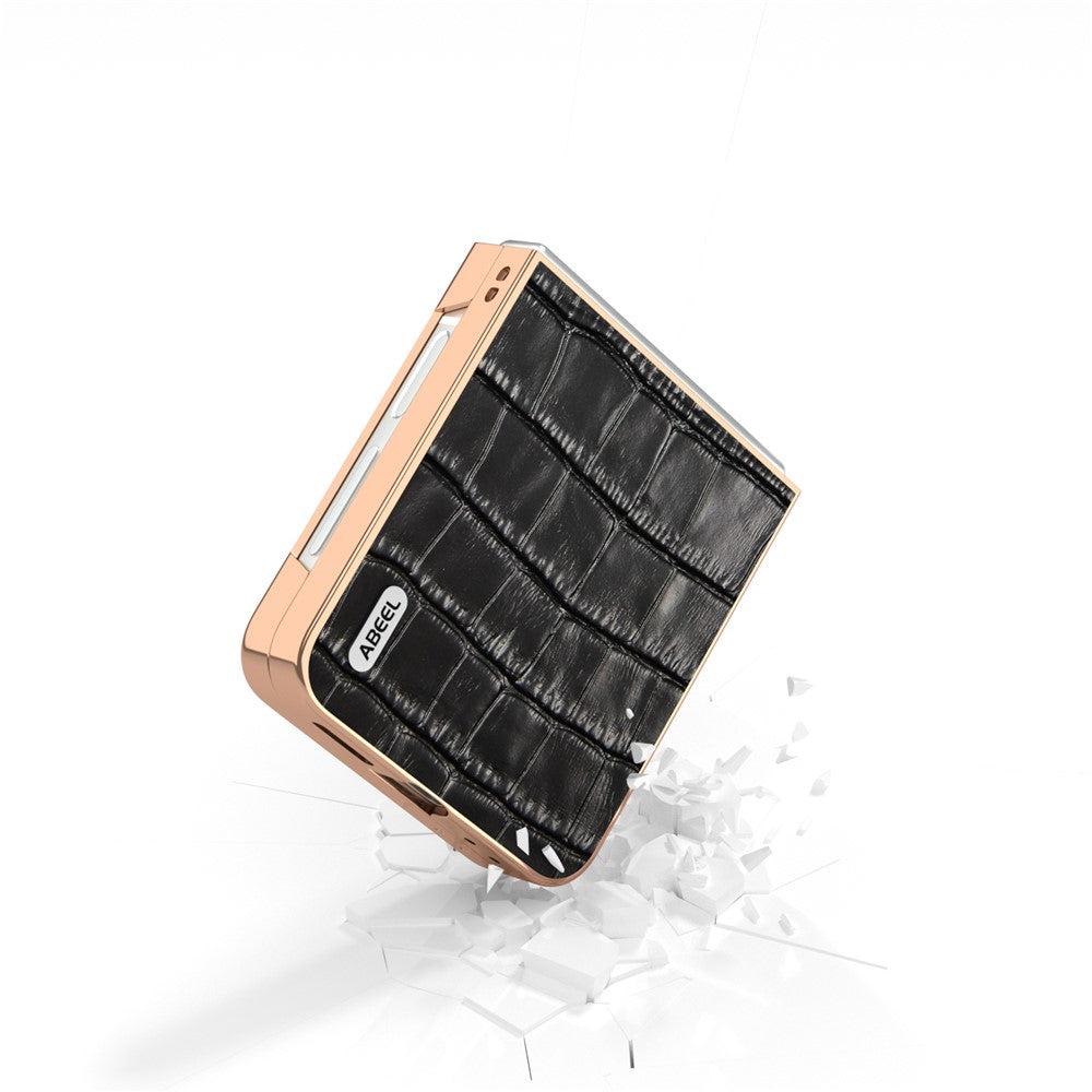 ABEEL For Samsung Galaxy Z Flip7 FE 5G / Z Flip6 5G Case Electroplating Phone Cover Crocodile Texture Genuine Cow Leather+TPU Protective Case - Black