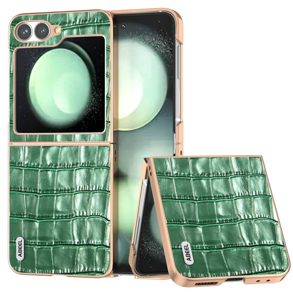 ABEEL For Samsung Galaxy Z Flip7 FE 5G / Z Flip6 5G Case Electroplating Phone Cover Crocodile Texture Genuine Cow Leather+TPU Protective Case - Green