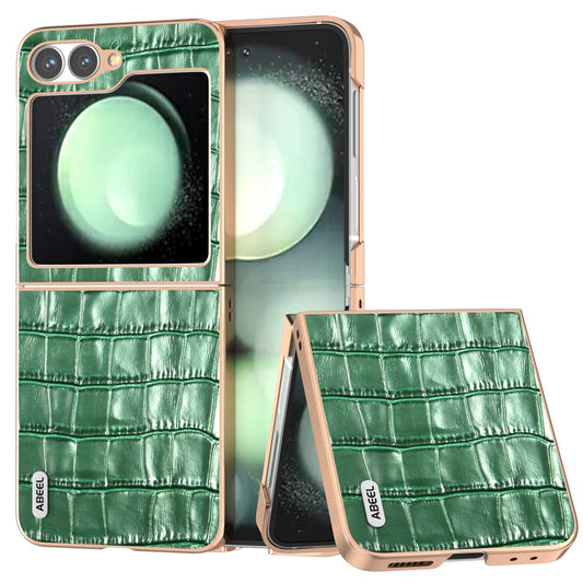 ABEEL For Samsung Galaxy Z Flip7 FE 5G / Z Flip6 5G Case Electroplating Phone Cover Crocodile Texture Genuine Cow Leather+TPU Protective Case - Green