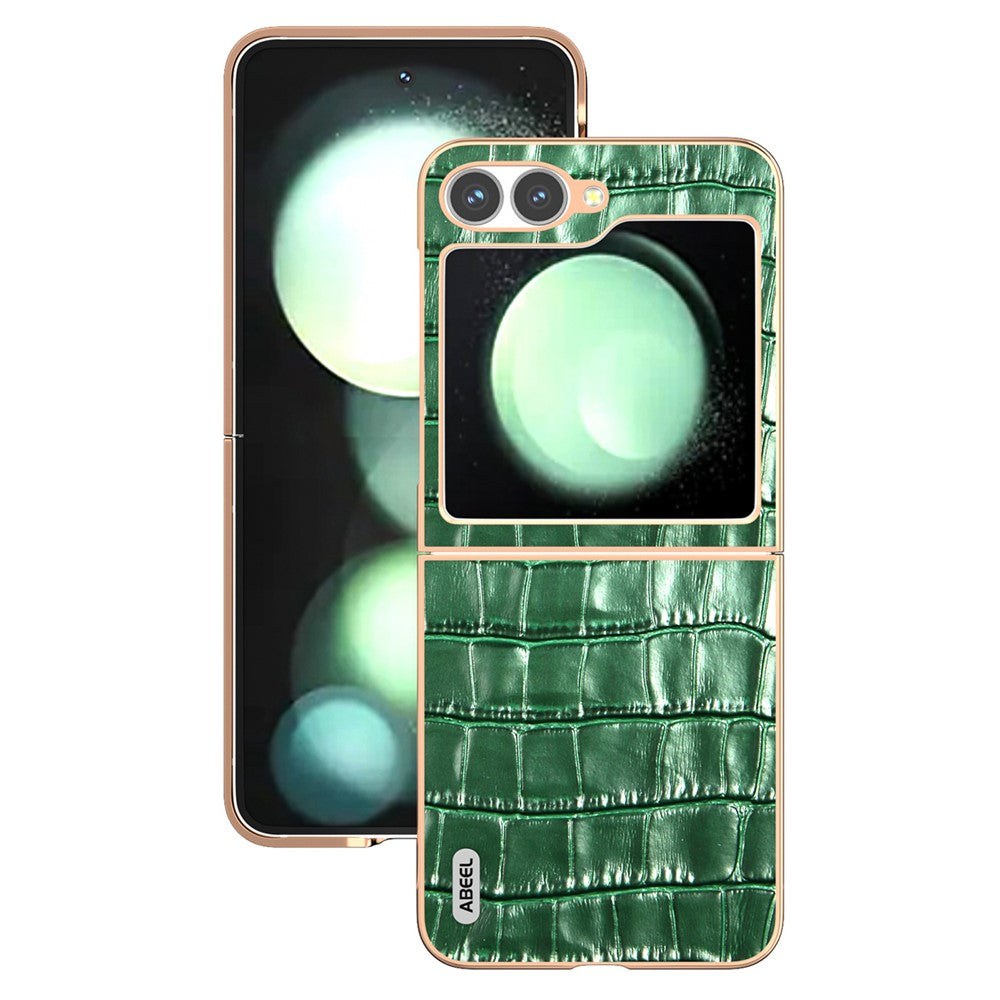 ABEEL For Samsung Galaxy Z Flip7 FE 5G / Z Flip6 5G Case Electroplating Phone Cover Crocodile Texture Genuine Cow Leather+TPU Protective Case - Green