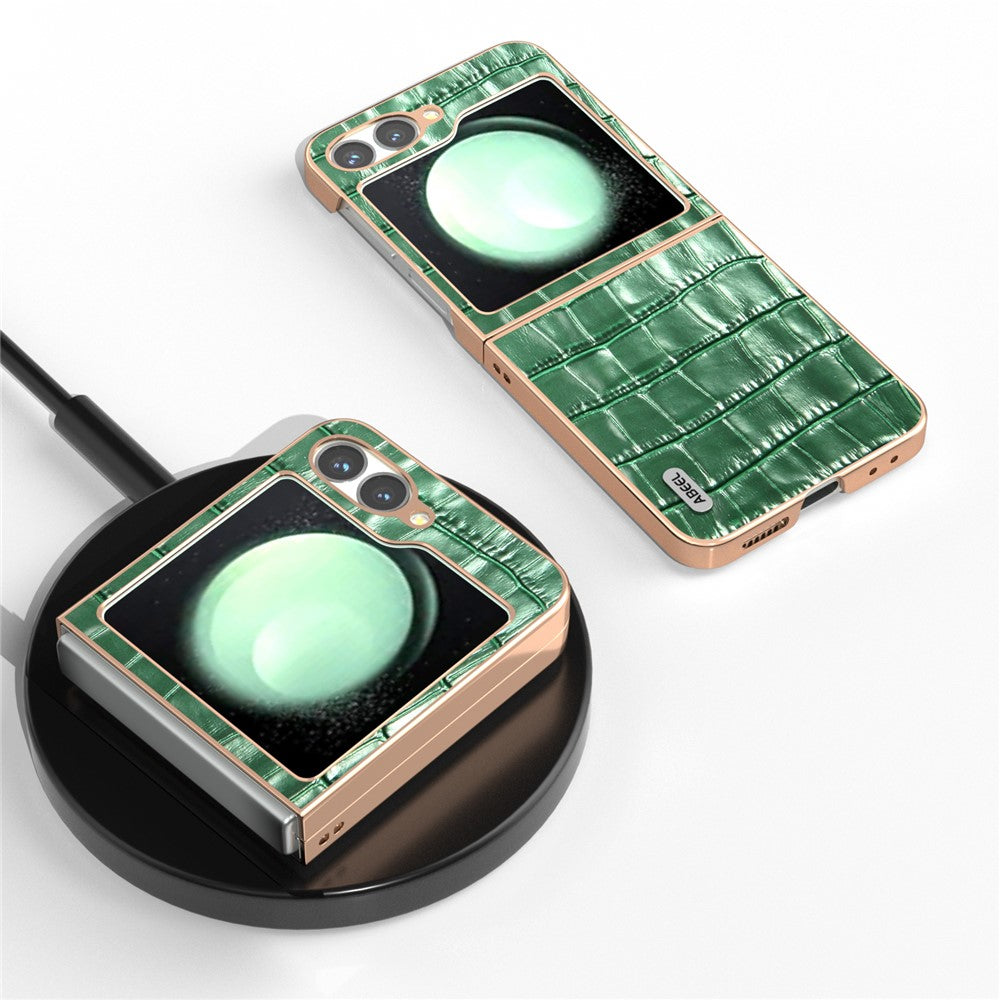 ABEEL For Samsung Galaxy Z Flip7 FE 5G / Z Flip6 5G Case Electroplating Phone Cover Crocodile Texture Genuine Cow Leather+TPU Protective Case - Green