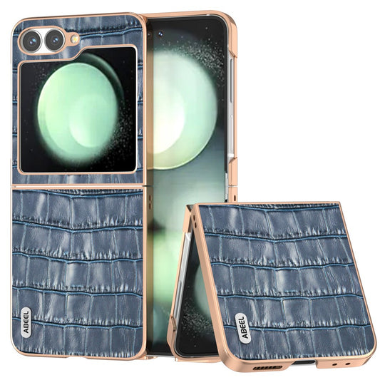 ABEEL For Samsung Galaxy Z Flip7 FE 5G / Z Flip6 5G Case Electroplating Phone Cover Crocodile Texture Genuine Cow Leather+TPU Protective Case - Blue
