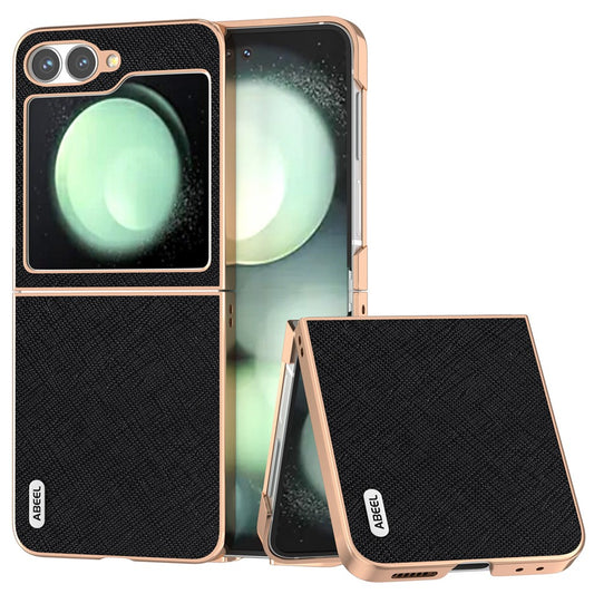 ABEEL For Samsung Galaxy Z Flip7 FE 5G / Z Flip6 5G Case Electroplating Phone Cover Cross Texture Genuine Cow Leather+TPU Protective Case - Black