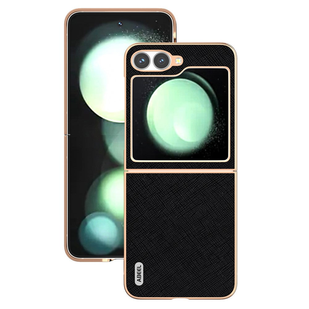 ABEEL For Samsung Galaxy Z Flip7 FE 5G / Z Flip6 5G Case Electroplating Phone Cover Cross Texture Genuine Cow Leather+TPU Protective Case - Black