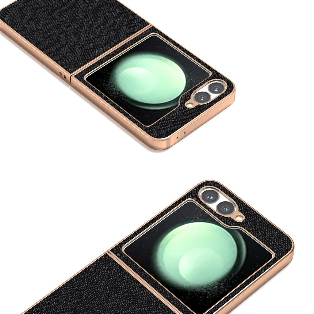 ABEEL For Samsung Galaxy Z Flip7 FE 5G / Z Flip6 5G Case Electroplating Phone Cover Cross Texture Genuine Cow Leather+TPU Protective Case - Black