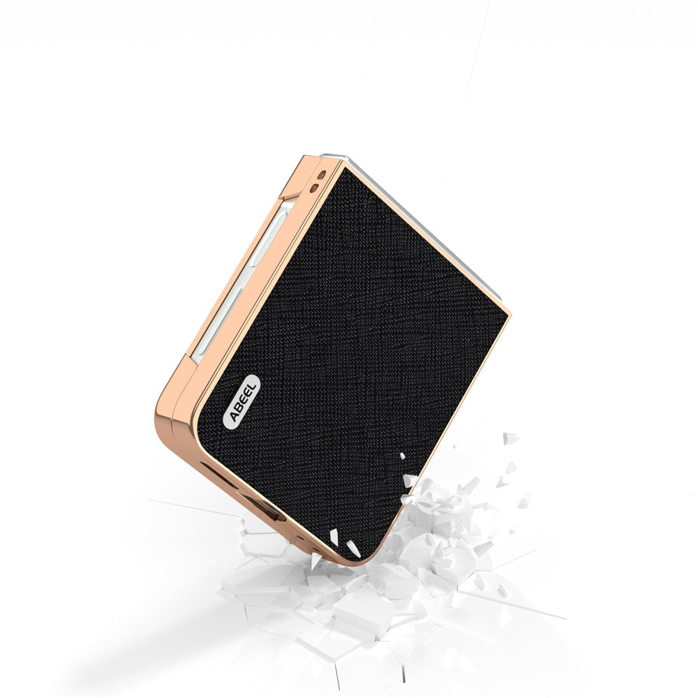 ABEEL For Samsung Galaxy Z Flip7 FE 5G / Z Flip6 5G Case Electroplating Phone Cover Cross Texture Genuine Cow Leather+TPU Protective Case - Black