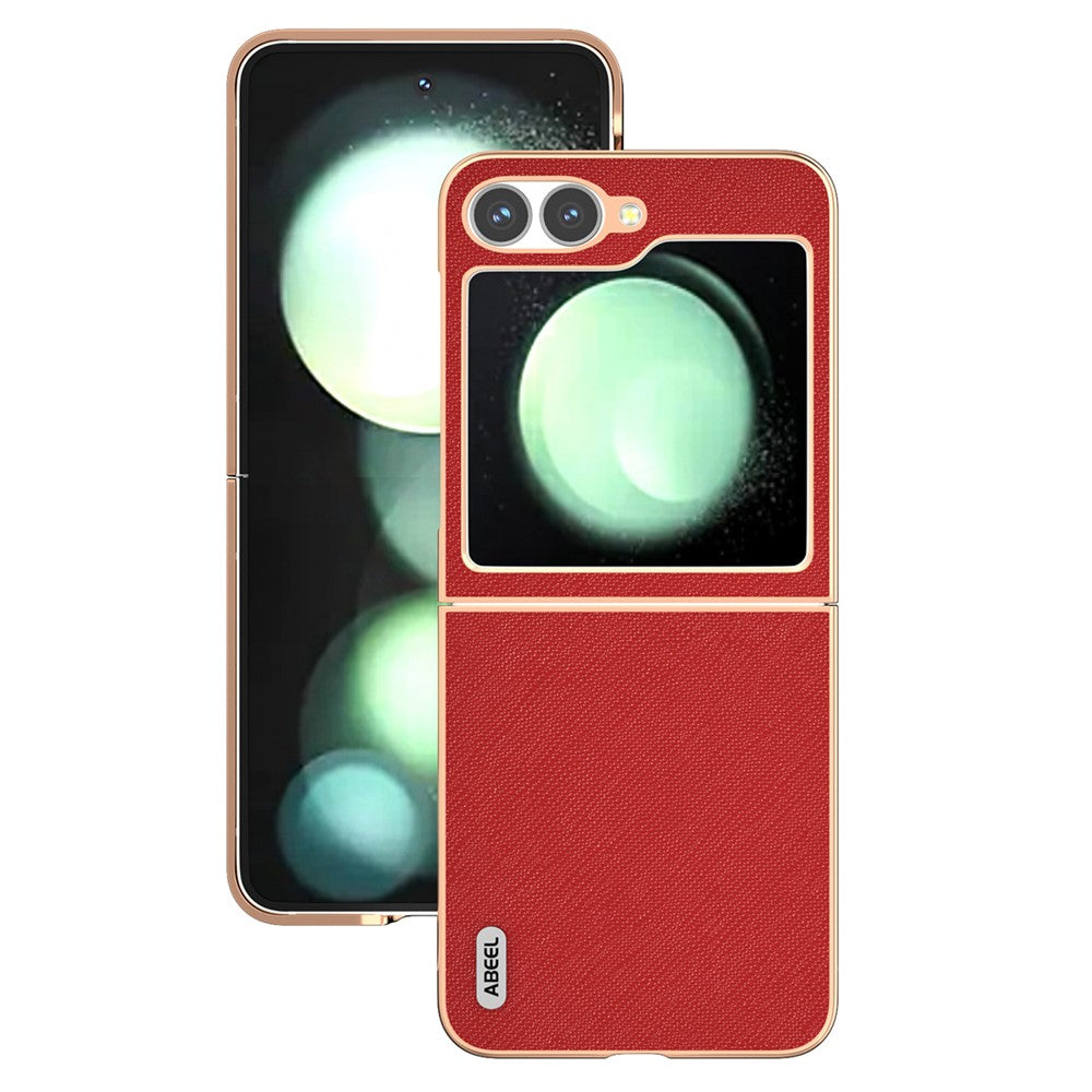 ABEEL For Samsung Galaxy Z Flip7 FE 5G / Z Flip6 5G Case Electroplating Phone Cover Cross Texture Genuine Cow Leather+TPU Protective Case - Red