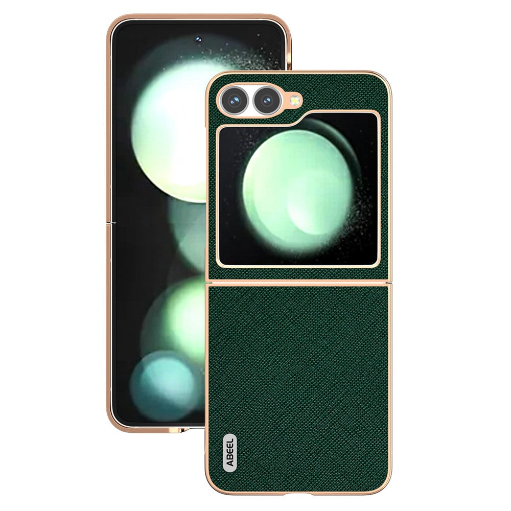 ABEEL For Samsung Galaxy Z Flip7 FE 5G / Z Flip6 5G Case Electroplating Phone Cover Cross Texture Genuine Cow Leather+TPU Protective Case - Green
