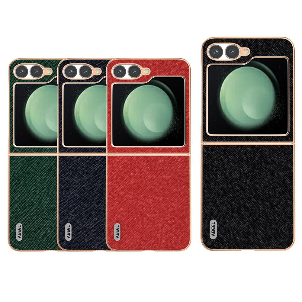 ABEEL For Samsung Galaxy Z Flip7 FE 5G / Z Flip6 5G Case Electroplating Phone Cover Cross Texture Genuine Cow Leather+TPU Protective Case - Green