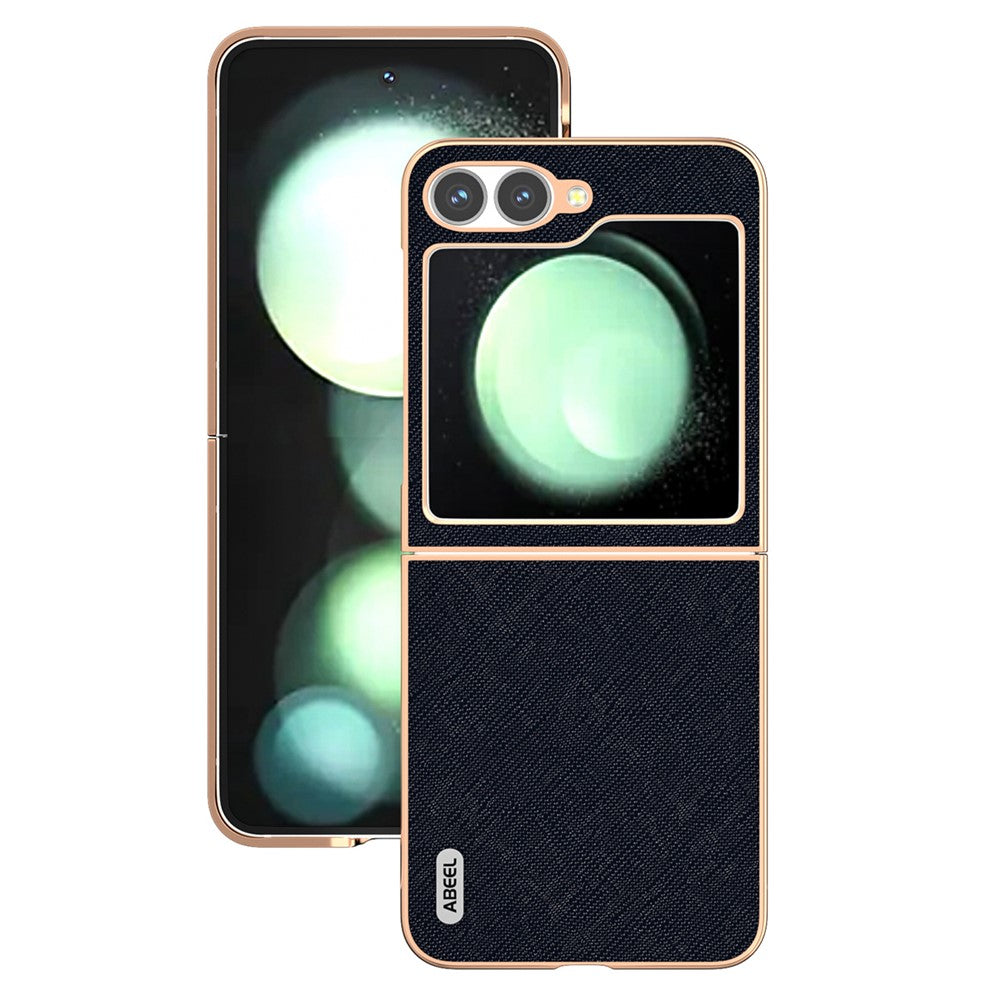 ABEEL For Samsung Galaxy Z Flip7 FE 5G / Z Flip6 5G Case Electroplating Phone Cover Cross Texture Genuine Cow Leather+TPU Protective Case - Blue