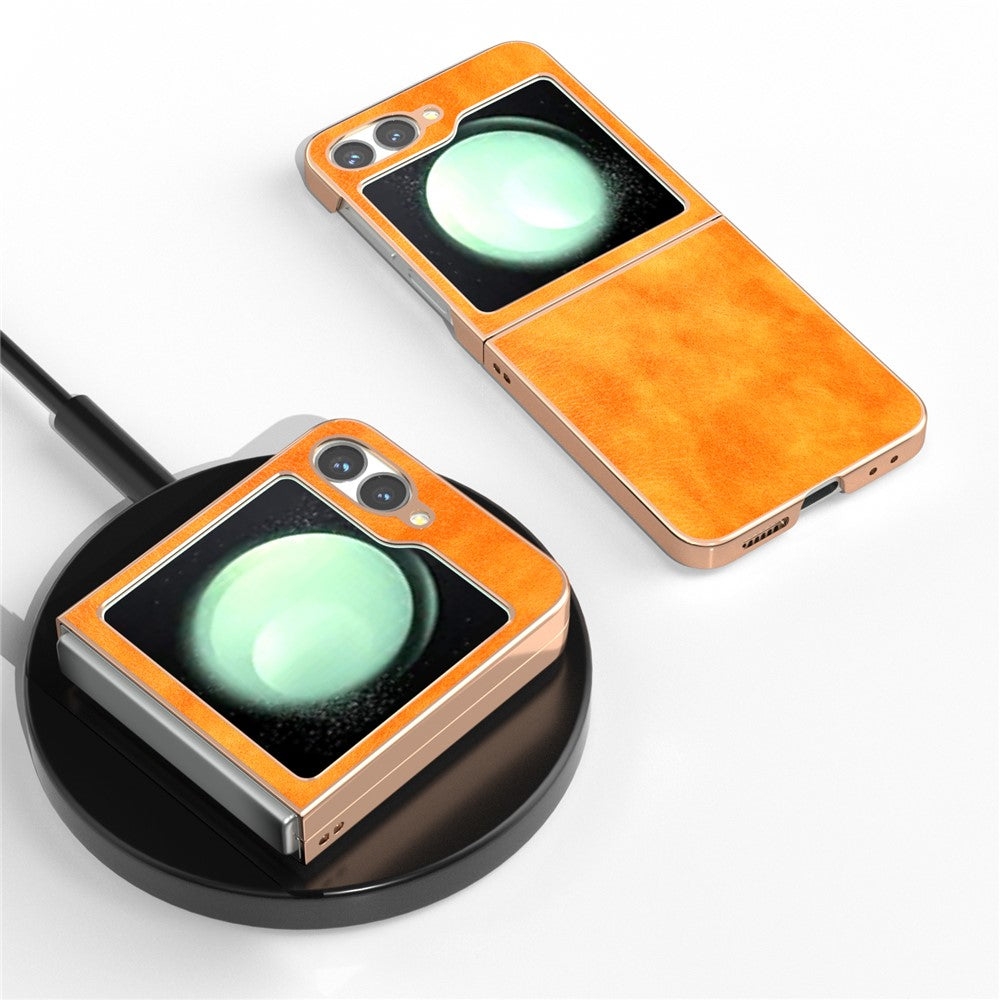For Samsung Galaxy Z Flip7 FE 5G / Z Flip6 5G Case Electroplating Phone Cover PU Leather+TPU Litchi Texture Case - Orange