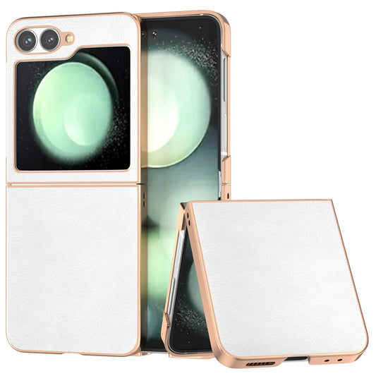For Samsung Galaxy Z Flip7 FE 5G / Z Flip6 5G Case Electroplating Phone Cover PU Leather+TPU Litchi Texture Case - White