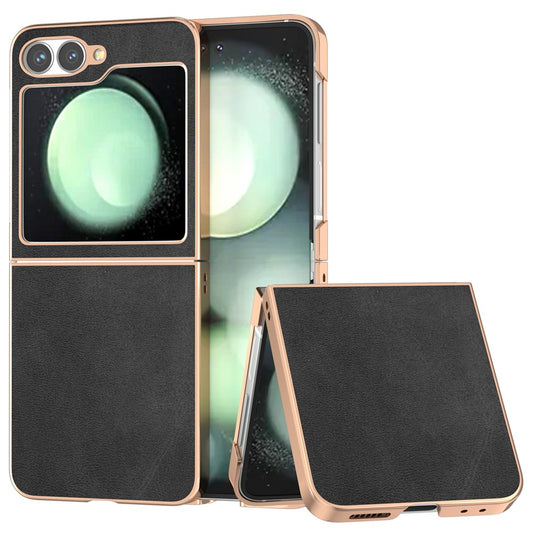 For Samsung Galaxy Z Flip7 FE 5G / Z Flip6 5G Case Electroplating Phone Cover Cowhide Texture PU+TPU Protective Case - Black