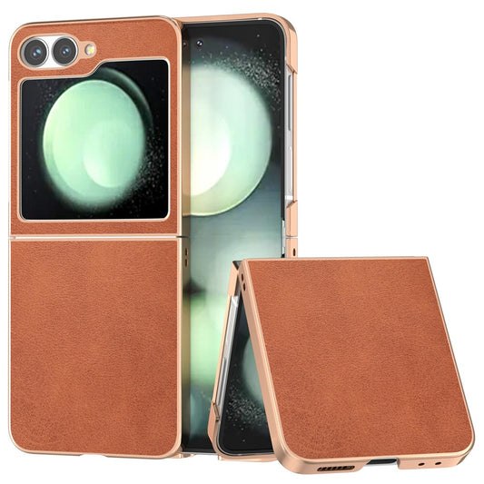 For Samsung Galaxy Z Flip7 FE 5G / Z Flip6 5G Case Electroplating Phone Cover Cowhide Texture PU+TPU Protective Case - Brown