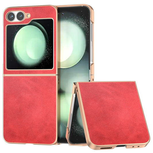 For Samsung Galaxy Z Flip7 FE 5G / Z Flip6 5G Case Electroplating Phone Cover Cowhide Texture PU+TPU Protective Case - Red