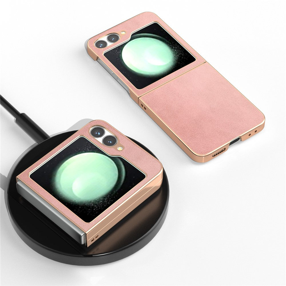 For Samsung Galaxy Z Flip7 FE 5G / Z Flip6 5G Case Electroplating Phone Cover Cowhide Texture PU+TPU Protective Case - Pink