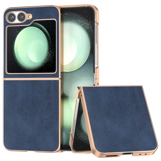 For Samsung Galaxy Z Flip7 FE 5G / Z Flip6 5G Case Electroplating Phone Cover Cowhide Texture PU+TPU Protective Case - Blue