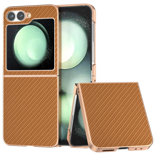 For Samsung Galaxy Z Flip7 FE 5G / Z Flip6 5G Case Electroplating Phone Cover Carbon Fiber Texture PU+TPU Protective Case - Light Brown