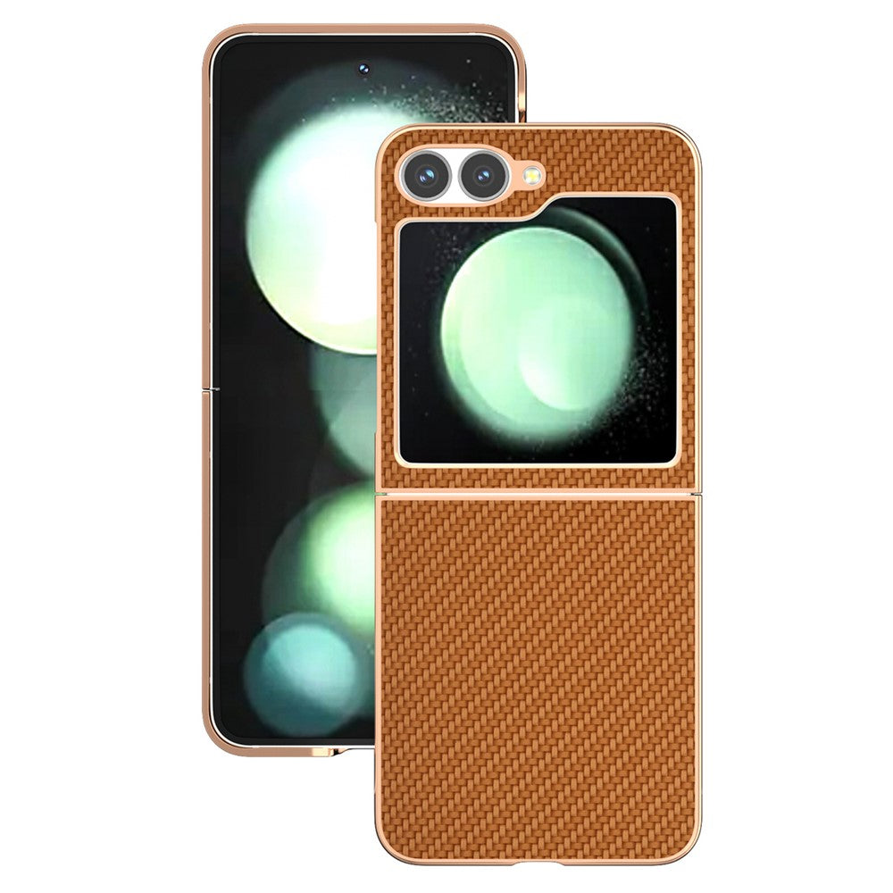 For Samsung Galaxy Z Flip7 FE 5G / Z Flip6 5G Case Electroplating Phone Cover Carbon Fiber Texture PU+TPU Protective Case - Light Brown