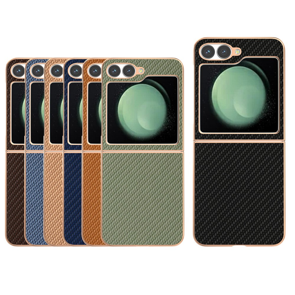 For Samsung Galaxy Z Flip7 FE 5G / Z Flip6 5G Case Electroplating Phone Cover Carbon Fiber Texture PU+TPU Protective Case - Light Brown