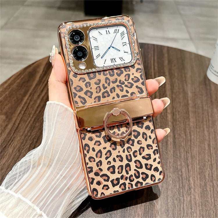For Huawei nova Flip 5G Case Leopard Pattern Ring Holder Rhinestone Hard PC Phone Cover - Gold