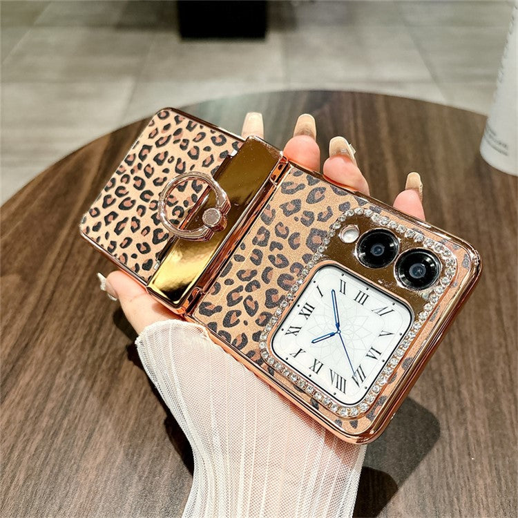 For Huawei nova Flip 5G Case Leopard Pattern Ring Holder Rhinestone Hard PC Phone Cover - Gold