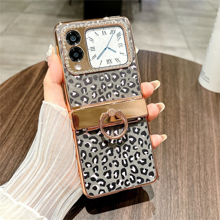For Huawei nova Flip 5G Case Leopard Pattern Ring Holder Rhinestone Hard PC Phone Cover - Black